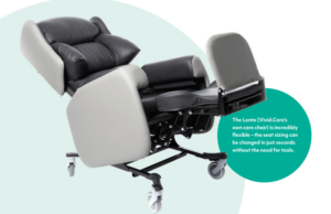 Product shot showing the Lento Patient Care Chair in a tilt in space position with an elevated and extended footrest.