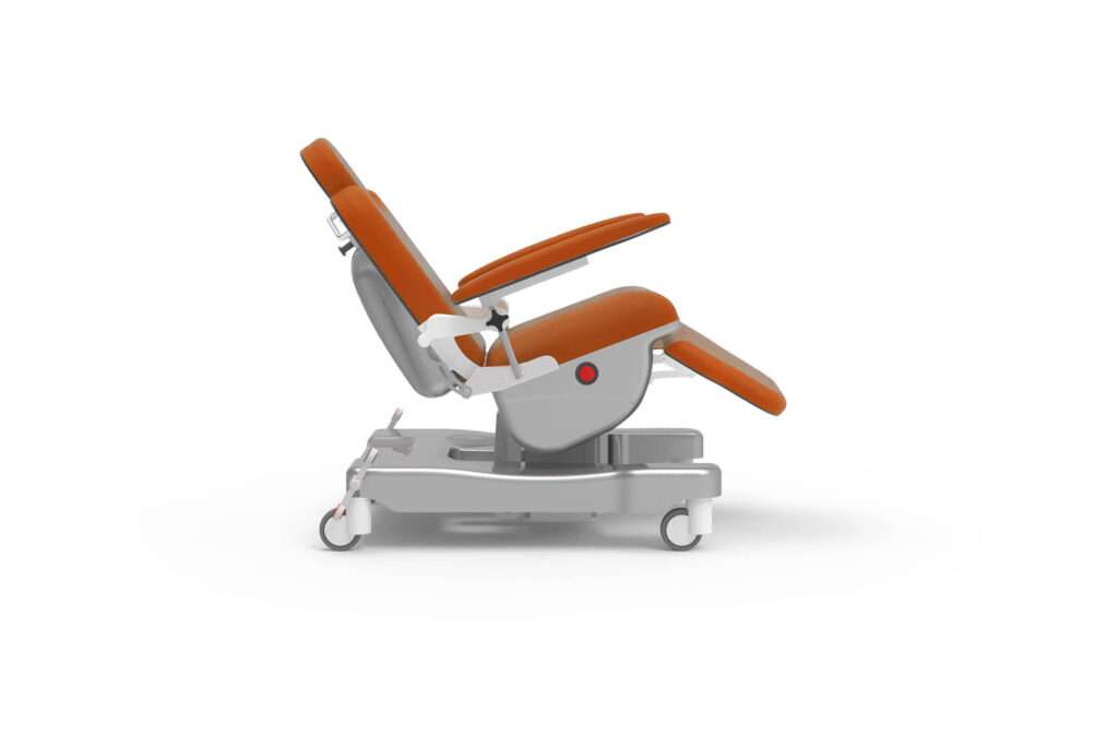 Product shot of the hospital patient therapy treatment chair in a zero gravity position.